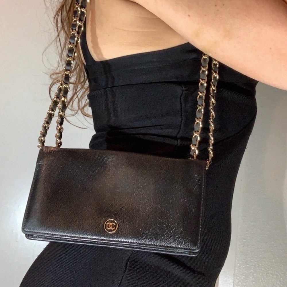 Authentic Chanel CC Coco Leather Bifold Wallet With Chain WOC